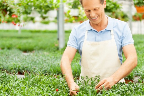Landscapers reviewing safety practices while handling garden clearance work
